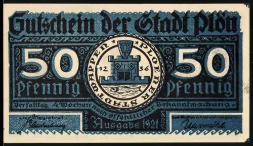 Notgeld Plön 1921, 50 Pfennig, Stadtwappen und Darstellung des Wendenkriegs 1074-1139