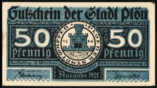 Notgeld Plön 1921, 50 Pfennig, Stadtwappen und Wendenkrieg-Darstellung