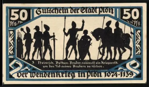 Notgeld Plön 1921, 50 Pfennig, Silhouetten von Kriegern und Reiter, Stadtwappen mit Burg und Fisch