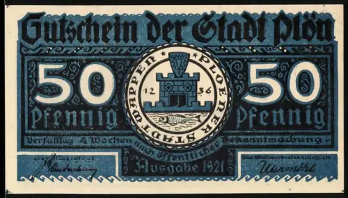 Notgeld Plön 1921, 50 Pfennig, Stadtwappen und Buthues Zug nach der Stadt Plön