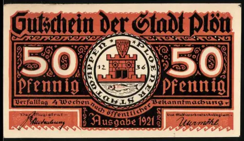 Notgeld Plön 1921, 50 Pfennig, Stadtwappen und Darstellung des Wendenkrieges 1074-1139