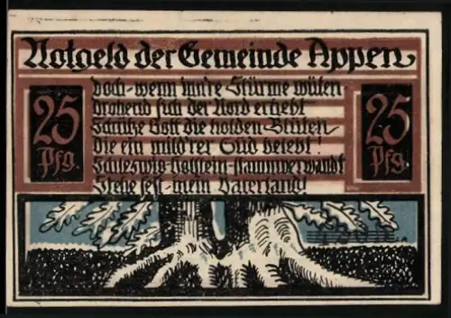 Notgeld Appen, 25 Pfennig, Wappen und Landschaftsmotiv mit Bäumen und Wolken