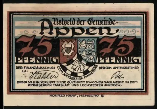 Notgeld Appen, 75 Pfennig, Wappen und Landschaft mit Eichenstamm