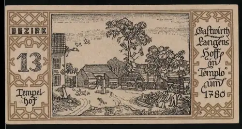 Notgeld Berlin 1921, 50 Pfennig, Bezirk Tempelhof, Gastwirt Langens Hoff um 1780 Berliner Bär