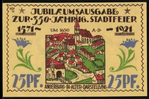 Notgeld Angerburg i. Ostpr. 1921, 25 Pfennig, historische Ortsansicht um 1650 und Wappen