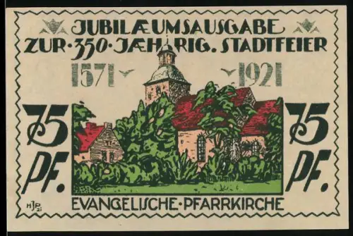 Notgeld Angerburg /Ostpr. 1921, 75 Pfennig, evangelische Pfarrkirche und Stadtwappen