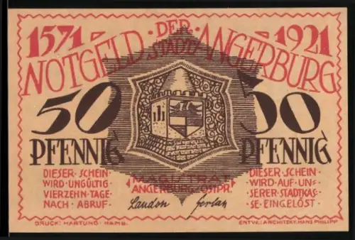 Notgeld Angerburg /Ostpr. 1921, 50 Pfennig, Wappen und Altes Rathaus, 350-jähriges Stadtjubiläum