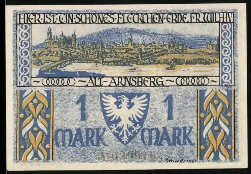 Notgeld Arnsberg 1921, 1 Mark, Ortsansicht von Alt-Arnsberg und Standbild der Burgjungfer Gertrud