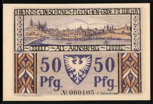 Notgeld Arnsberg 1921, 50 Pfennig, Ortsansicht und Hirschberger Tor mit Wappen