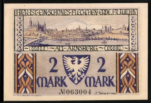 Notgeld Arnsberg 1921, 2 Mark, Ortsansicht Alt-Arnsberg und historische Szene