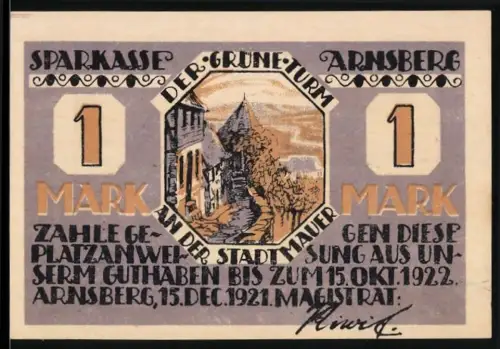 Notgeld Arnsberg 1921, 1 Mark, Der Grüne Turm an der Stadtmauer und Alt-Arnsberg