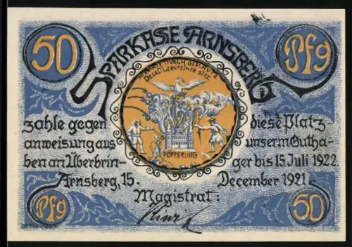 Notgeld Arnsberg 1921, 50 Pfennig, Ortsansicht und Wappen mit Adler