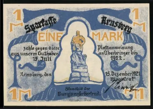 Notgeld Arnsberg 1921, 1 Mark, Standbild der Burgjungfer Gertrud Ortsansicht mit Wappen