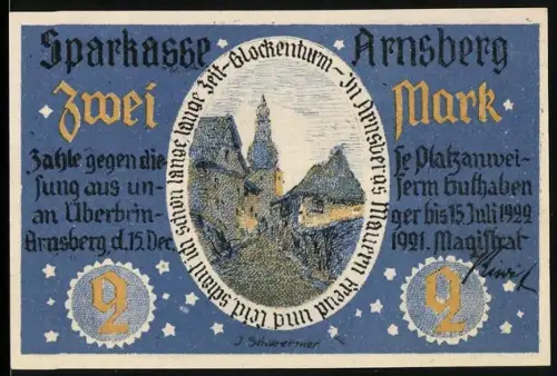 Notgeld Arnsberg 1921, 2 Mark, Glockenturm und Ortsansicht mit Wappen