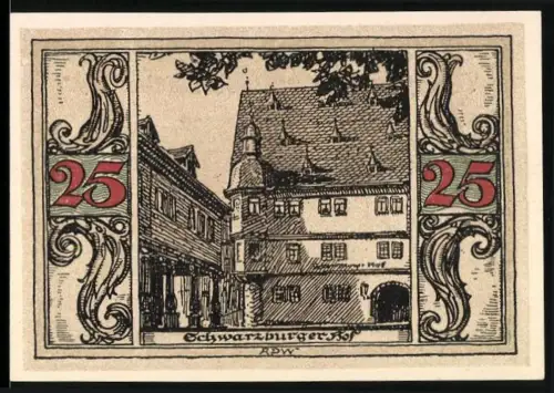 Notgeld Arnstadt 1921, 25 Pfennig, Schwarzburger Hof und Adlerwappen