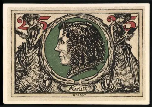 Notgeld Arnstadt 1921, 25 Pfennig, Porträt Marlitt und Adler mit Wertangabe