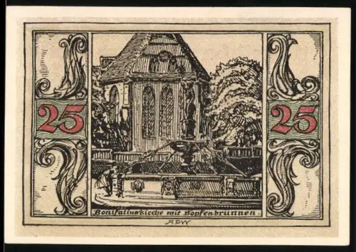 Notgeld Arnstadt 1921, 25 Pfennig, Bonifatiuskirche mit Hopfenbrunnen, Wappen