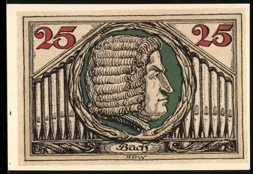 Notgeld Arnstadt 1921, 25 Pfennig, Porträt Johann Sebastian Bach mit Orgelpfeifen, Adlerwappen