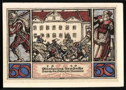 Notgeld Arnstadt 1921, 50 Pfennig, Plünderung 1640 durch schwedische Truppen, Adler