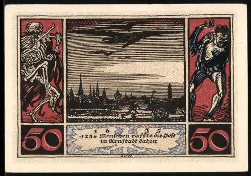 Notgeld Arnstadt 1921, 50 Pfennig, Pestdarstellung 1635 mit Skelett und Ortsansicht