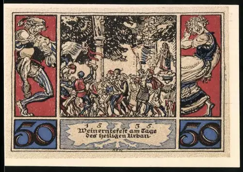 Notgeld Arnstadt 1921, 50 Pfennig, Weinerntefest des heiligen Urba 1535, Adlerwappen