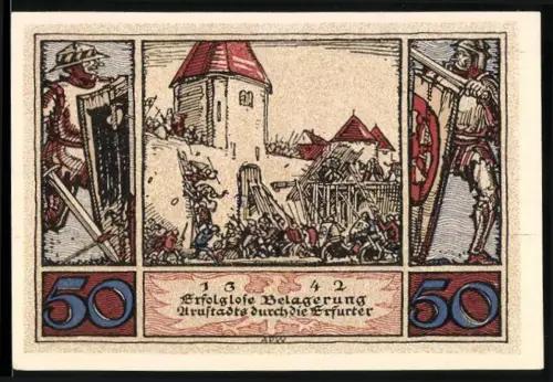 Notgeld Arnstadt 1921, 50 Pfennig, erfolglose Belagerung durch die Erfurter 1342, Stadtwappen