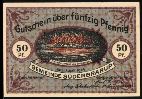 Notgeld Süderbrarup, 50 Pfennig, Bombardement von Sonderburg 1864 und Flüchtlinge aus Sonderburg