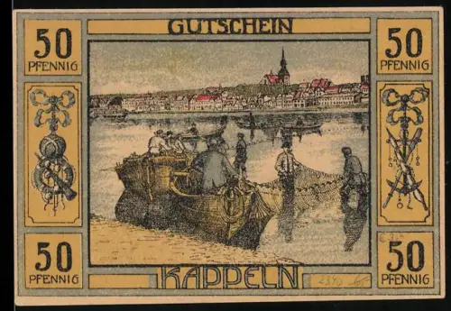 Notgeld Kappeln 1920, 50 Pfennig, Fischer auf Boot mit Ortsansicht, Stadtwappen