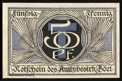 Notgeld Boel, 50 Pfennig, stilisierte Ziffern und Schriftzüge