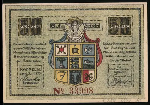 Notgeld Kappeln 1920, 50 Pfennig, Fischer und Ortsansicht mit Wappen