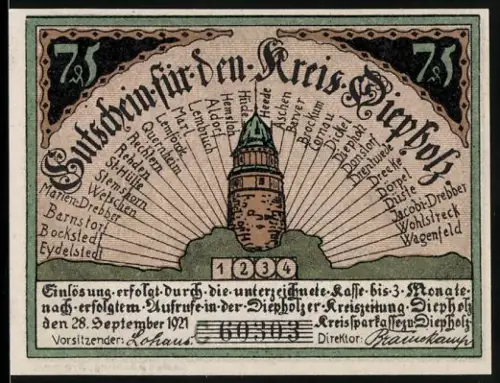 Notgeld Diepholz 1921, 75 Pfennig, Turm und Schweinezucht-Motiv