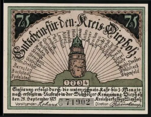 Notgeld Diepholz 1921, 75 Pfennig, Turm mit Ortsliste und Bauernpaar mit Spruch