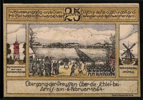 Notgeld Kappeln, 1920, 25 Pfennig, Übergang der Preussen über die Schlei bei Arnis 1864, Wappen mit Fischmotiv