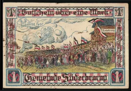 Notgeld Süderbrarup, 1 Mark, Festzug mit Fahnen und Baum mit Steinsetzung und Wappen