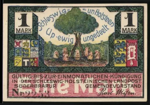 Notgeld Süderbrarup, 1 Mark, Baum mit Wappen und Menschenmenge bei Feier mit Flaggen