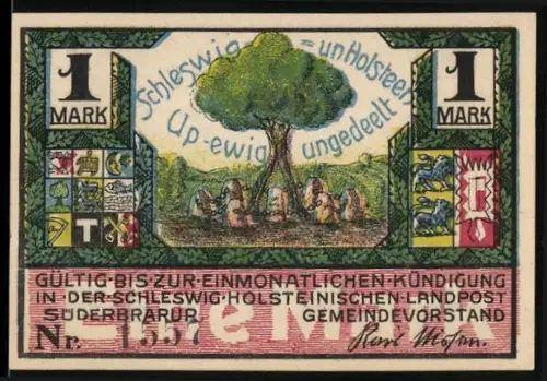 Notgeld Süderbrarup, 1 Mark, Menschenmenge mit Fahnen und Baum mit Steinen
