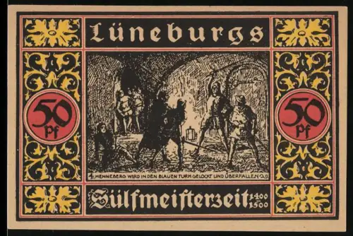 Notgeld Lüneburg 1921, 50 Pfennig, Überfall im Blauen Turm und Sülfmeisterbrunnen mit historischem Gebäude
