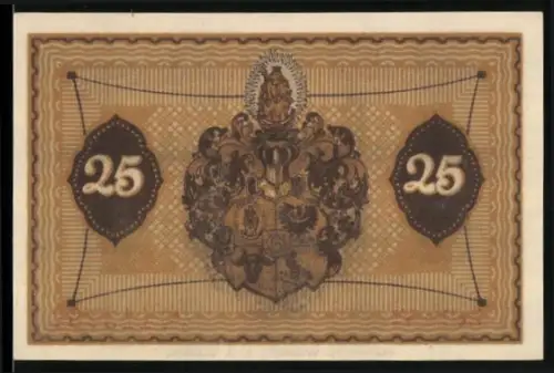 Notgeld Glogau, 25 Pfennig, Ortsansicht und Wappen mit Madonnenfigur