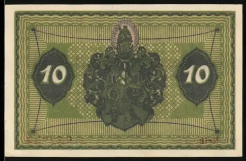 Notgeld Glogau, 10 Pfennig, Ortsansicht und Wappen mit Verzierung