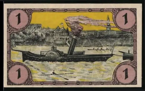 Notgeld Glogau 1920, 1 Pfennig, Dampfschiff mit Ortsansicht und Arbeiter bei der Feldarbeit und Maschinenarbeit