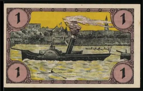 Notgeld Glogau 1920, 1 Pfennig, Dampfschiff auf der Elbe, Darstellung Feldarbeit und Fabrikarbeit