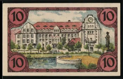 Notgeld Glogau 1920, 10 Pfennig, Gebäudeansicht und Arbeiterdarstellungen