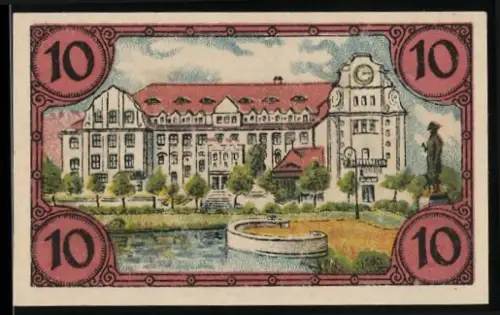 Notgeld Glogau 1920, 10 Pfennig, Ortsansicht mit Brunnen und Arbeiterdarstellungen