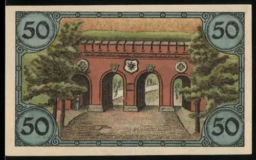 Notgeld Glogau 1920, 50 Pfennig, Stadtmauer und Arbeiterdarstellungen