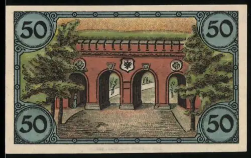 Notgeld Glogau 1920, 50 Pfennig, landwirtschaftliche und industrielle Szenen, Torbogen mit Wappen