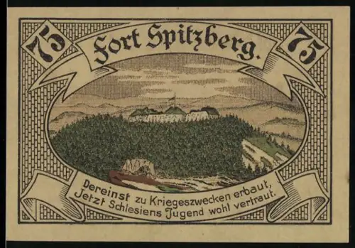 Notgeld Silberberg 1921, 75 Pfennig, Fort Spitzberg und Stadtwappen