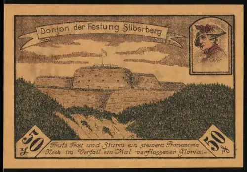Notgeld Silberberg 1921, 50 Pfennig, Donjon der Festung Silberberg, Wappen