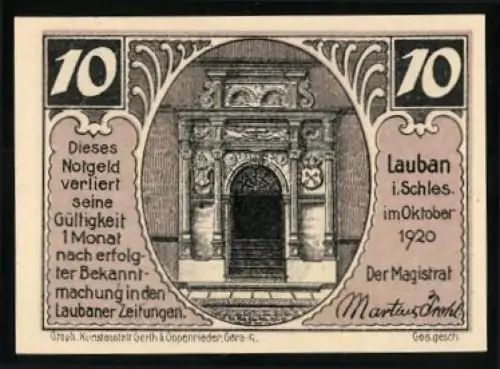 Notgeld Lauban i. Schles. 1920, 10 Pfennig, historisches Tor und Stadtwappen