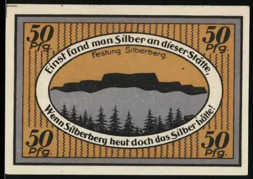 Notgeld Silberberg 1921, 50 Pfennig, Festung Silberberg und Wappen