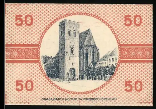 Notgeld Neumarkt /Schl. 1920, 50 Pfennig, Kirche mit Turm und Gebäuden